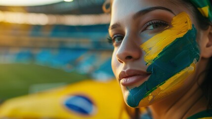 Wall Mural - beautiful woman with face painted with the flag of Brazil in a stadium. concept paris 2024 olympic games, sporting event