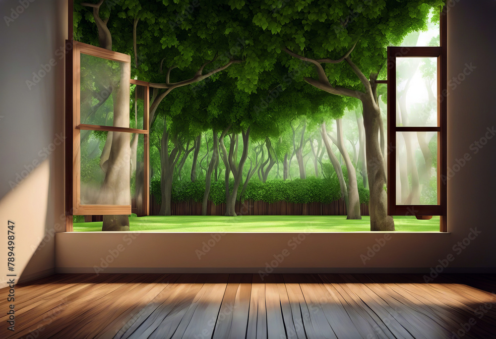 window see render wall courtyard tree background wooden room 3d large ...