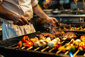 Wall Mural - A chef who masterfully prepares grilled meat and vegetables