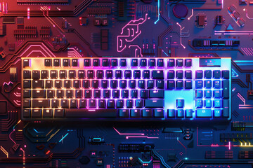 colorful glowing neon computer keyboard with a circuit board background. concept for gaming, technology and cyber security