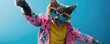 A grey cat with brightly coloured spectacles is dancing while wearing a pink floral blazer and a yellow shirt with solid blue background