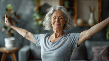 Wall Mural - Joyful and fit older lady doing a cross-arm stretch in a calm yoga session at home