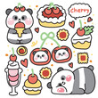 Set of cute panda bear various poses in cherry bakery concept.Chinese wild animal character cartoon design.Ice cream,cake,cookies,pie,heart,fruit drawn collection.Kawaii.Vector.Illustration