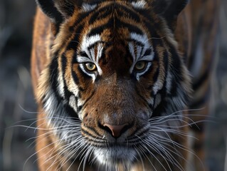 Wall Mural - A tiger is staring at the camera with its eyes wide open. The tiger's fur is brown and white, and it has a long, bushy tail. Concept of curiosity and alertness