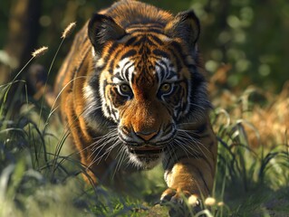 Wall Mural - A tiger is walking through a field of tall grass. The tiger is looking directly at the camera, and its eyes are wide open. Scene is one of curiosity and alertness