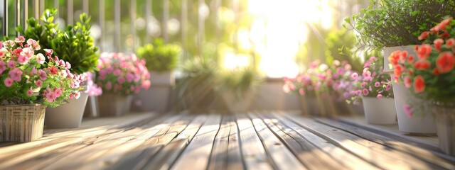 a wooden balcony terrace with flower and plant pots