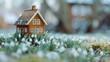 little house on green grass, macro photography, nice one family house with 2 floors, chalet, wooden made, no grass on house, white snowdrop flowers, springtime