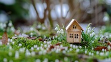 Little House On Green Grass, Macro Photography, Nice One Family House With 2 Floors, Chalet, Wooden Made, No Grass On House, White Snowdrop Flowers, Springtime