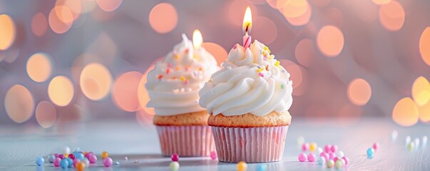 candles on a light background with a birthday cupcake