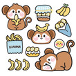 Set of cute monkey various poses in banana concept.Wild animal character cartoon design.Bread,bakery,sweet,dessert,fruit hand drawn collection.Kid graphic.Kawaii.Vector.Illustration.