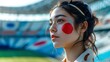beautiful woman with face painted with the flag of Japan