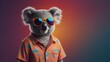 Illustration of a cute gray fluffy koala wearing sunglasses and a colorful shirt on a light gradient background. Generative AI