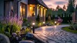 Modern gardening landscaping design details. Illuminated pathway in front of residential house. Landscape garden with ambient lighting system installation highlighting flowers, Generative AI