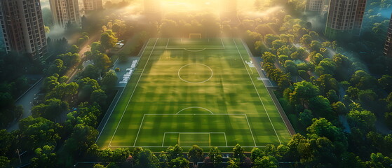 Football ball on grass field under blue sky, football field, soccer sport stadium