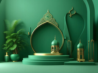 3d illustration of islamic-themed product display background in minimal green design. mosque portal 