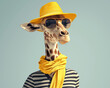 Trendy anthropomorphic giraffe in yellow summer attire