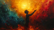 Artwork of a man raising hands in worship. Excited Young Man Raising Arms. Spiritual man with arms raised up concept