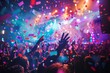 energetic crowd cheering at live rock concert with colorful stage lights and falling confetti abstract background