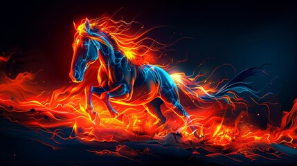 Wall Mural - A horse is running in the fire on a black background.