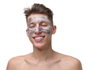 Sticker - Handsome man with clay mask on his face against white background