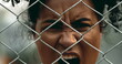One upset young black woman yelling behind metal fence barrier looking at camera grimacing in anger and screaming in despair. 20s person feeling outrage