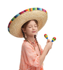 Wall Mural - Cute girl in Mexican sombrero hat dancing with maracas on white background
