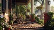 A charming and inviting front porch with rocking chairs and a porch swing, featuring lush potted plants and flower baskets