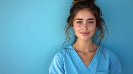 Wall Mural - Portrait of pretty brunette woman healthcare worker in blue scrubs next to blue wall in clinic.