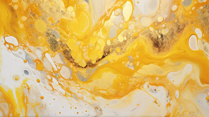 Sticker - Abstract artistic background with yellow marble and golden paint stains.