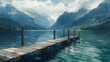 A dock juts out into a lake with mountains in the distance.

