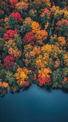 Sticker - A beautiful autumn scene with trees and water. The trees are full of bright red leaves and the water is calm