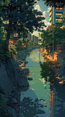 Poster - A river with a bridge in the background. The water is calm and clear