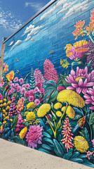 Wall Mural - A mural of a colorful flower garden with a blue sky background. The flowers are painted in bright colors and the sky is filled with clouds. The mural is on a brick wall and is very large