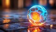 Craft a 3D CG rendering of a futuristic, glowing bouncy ball with intricate patterns and a pulsating aura, showcasing its unique design and potential for innovative play