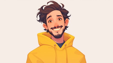 Sticker - A cheerful young man with a smiling avatar is depicted sporting a brown beard mustache and hair dressed in a vibrant yellow sweater or sweatshirt in a cartoon 2d illustration of a character 