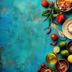 Wall Mural - Blue Table With Bowls of Fruit and Vegetables