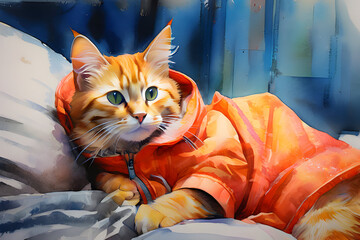 Cozy orange cat couture, a watercolor dream