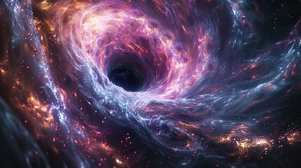 Big Planets and shining stars galaxy in space. Black hole over star field in outer space, abstract space wallpaper with form of letter O and sparks of light purple blue pink with copy space