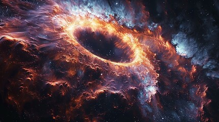 Big Planets and shining stars galaxy in space. Black hole over star field in outer space, abstract space wallpaper with form of letter O and sparks of light purple blue pink with copy space