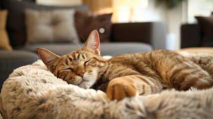 A sleeping tabby cat on a soft bed.