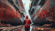 A man in a red jacket stands in front of two large ships. The scene is industrial and the man is a worker