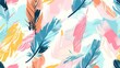 Colorful feathers in seamless pattern and airy brush strokes in pastel colors. Suitable for spring and summer decor, fashion textiles or creative stationery. Modern design for stylish background