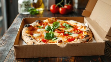 Wall Mural - Margherita pizza with tomatoes and basil in cardboard box.