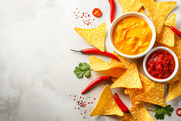 Poster - nice snack, tortilla chip dish or nachos with a spicy cheese and a hot chili pepper salsa sauce, free copy space for text, isolated, top view