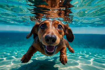 Dachs hund diving underwater, funny dog underwater, summer mood concept, vacation, tropics, ocean.