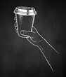 Chalkboard drawing vector sketchy illustration of hand holding disposable paper coffee takeaway cup