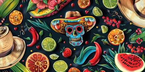 Wall Mural - Skull With Sombrero Surrounded by Fruits and Vegetables