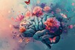 human brain with flowers and butterflies mental health and positive thinking concept digital painting