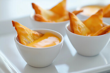 Poster - nice snack, tortilla chips dish or nachos with a spicy cheese sauce in a cup