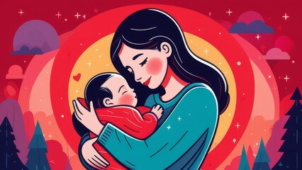 Wall Mural - A woman is holding a baby in her arms. The baby is sleeping and the woman is looking at it lovingly. Concept of warmth and tenderness, as the woman is nurturing and caring for her child